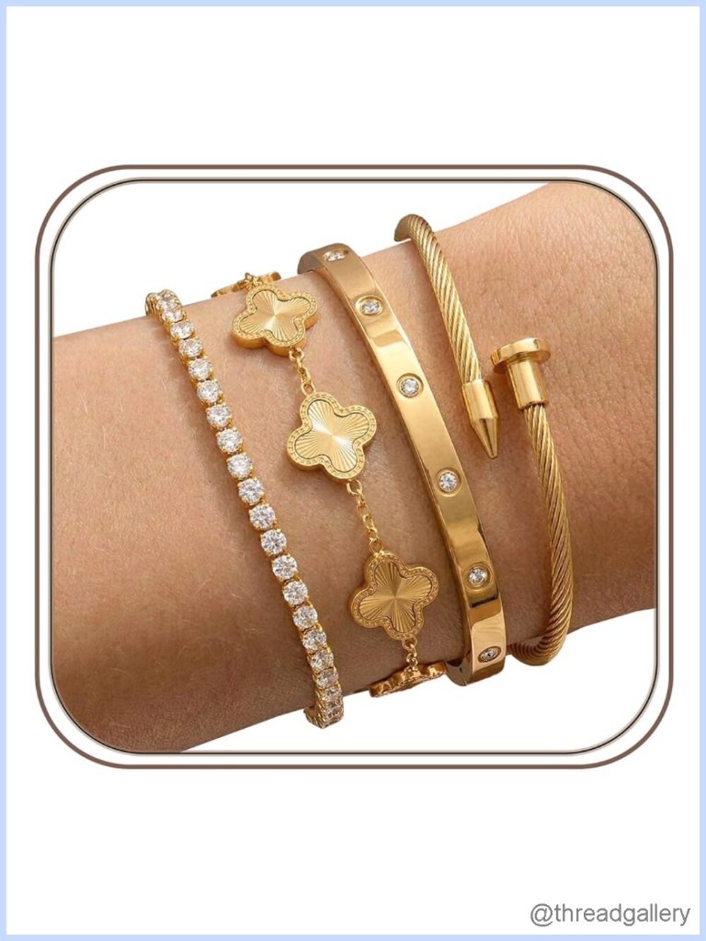 18K Gold Plated Non-Tarnish Bangle & Bracelet Set for Women, Adjustable